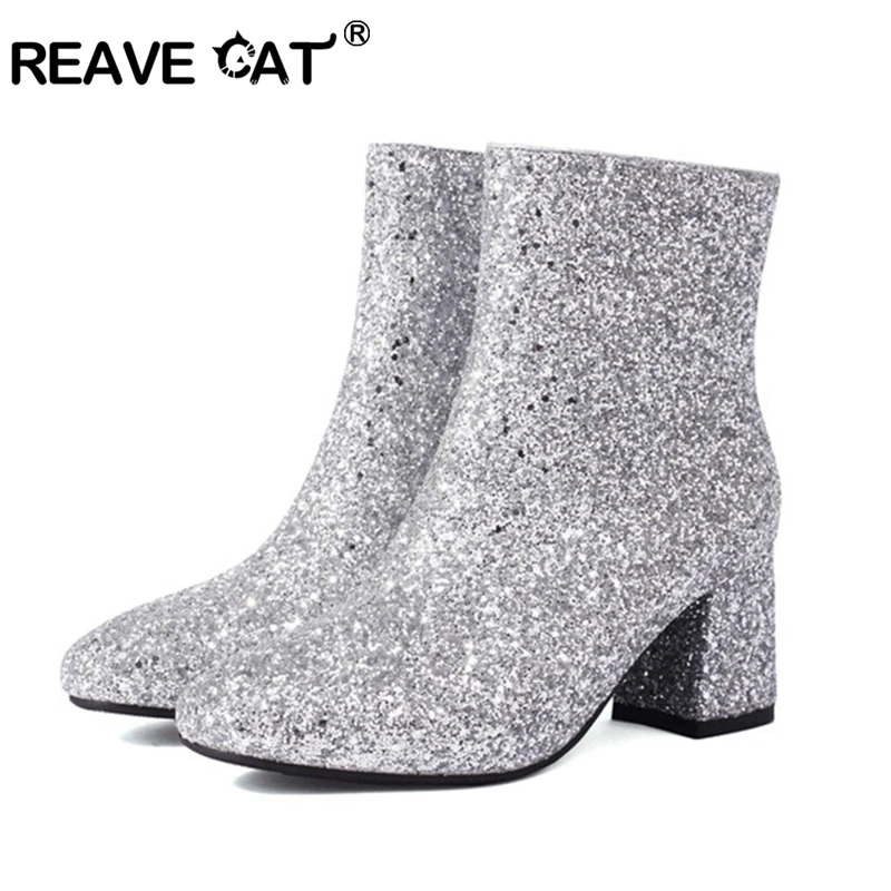 

Reave Cat Ankle Boots 6.5cm Chunky Heel Round Toe Back Zip Sequins Bling Party Wedding Big Size 43 44 45 46 47 48 US15 US16 US17