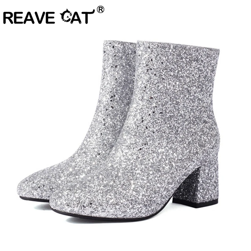 Reave Cat Ankle Boots 6.5cm Chunky Heel Round Toe Sequins Party Big Size 43 44 45 46 47 48 US15 US16 US17