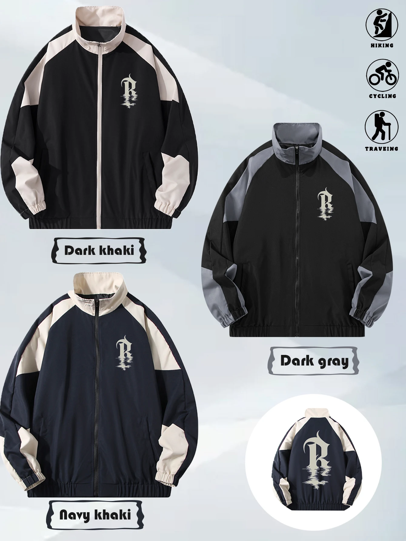 

Men's Color Block Zipper Jacket Spring Autumn Fashion College Style Loose Printed Outerwear Suitable for Street Outdoor Sports