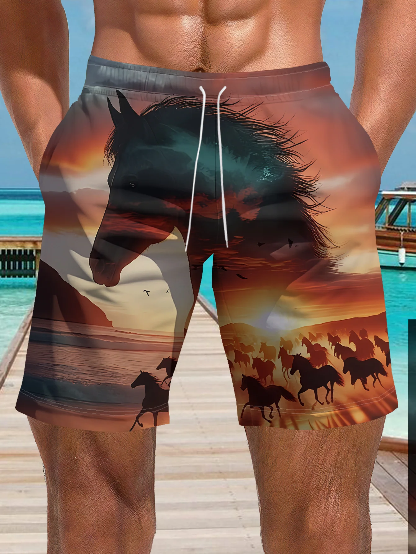 Mens Funny Cartoon Monkey Print Quick Dry Drawstring Waist Beach Shorts Swim Trunks 2026