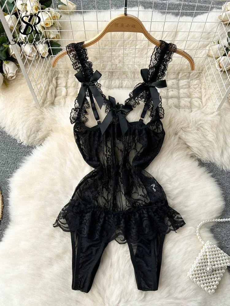 

SINGREINY Women Sexy Sheer Underwear Bodysuits Sleeveless Ruffles Hollow Out Erotic Playsuits Female Lace Open Crotch Rompers