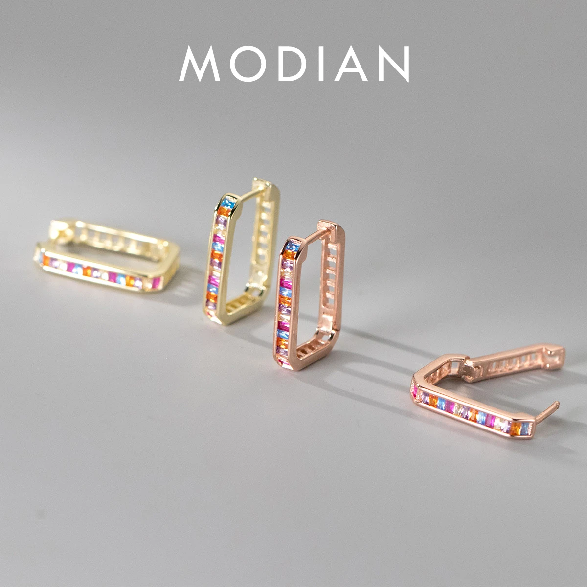 

Modian 925 Sterling Silver Rainbow Color Zirconia Hoop Earrings Rectangle Trendy Party Earring For Women Wedding Fine Jewelry