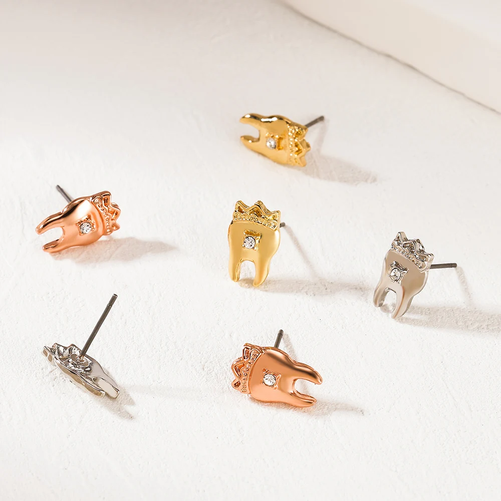 Cute Mini Crown Tooth Earrings  Polished Zirconia Tooth Stud Earrings  Fashion Medical Jewelry  Dentist Girl Jewelry Gift