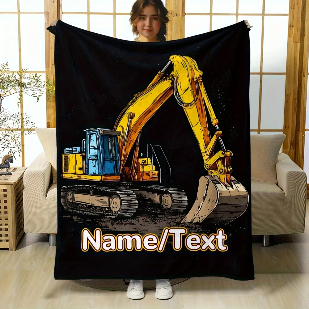 Personalized Excavator Blanket Yellow Construction Truck Design Custom Name Soft Fleece Throw Gift For Kids And Engineering Fans