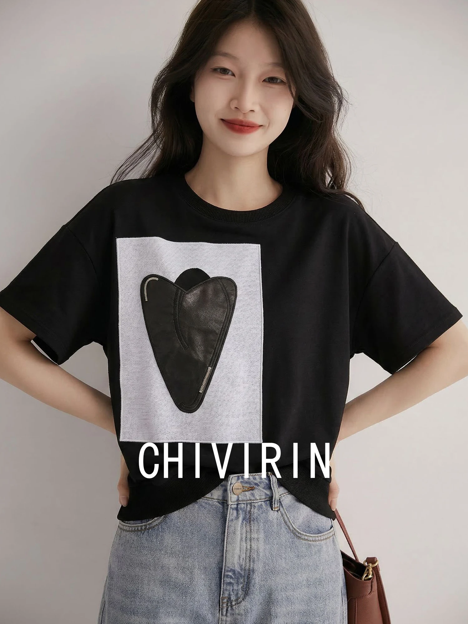 

Chivirin Cotton Splice T-Shirt Women's Summer Short Sleeve Loose Fit Heart Pattern Slimming Versatile Age-defying Top
