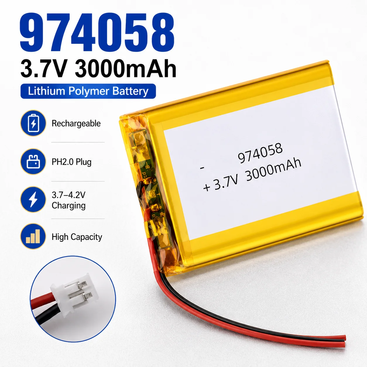 

High Capacity 974058 3.7V Polymer Battery 3000mAh Suitable Navigator Aeromodelling Massage Meter Use