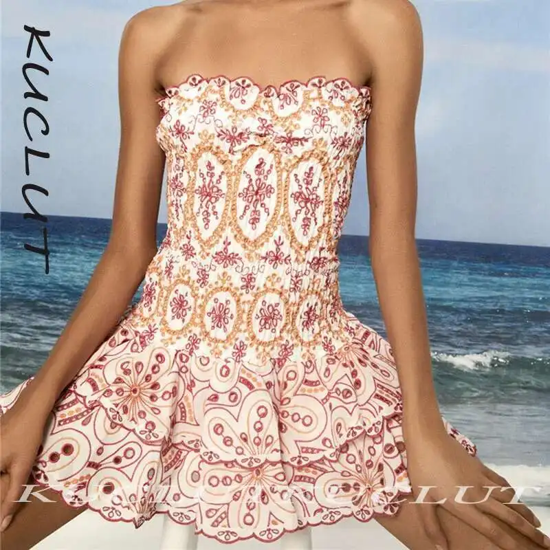 

KUCLUT 2025 Fashion New Items Embroidery Hollow Out Women's Dress Light Luxury Strapless Stack Waist Slim Dresses Female K508
