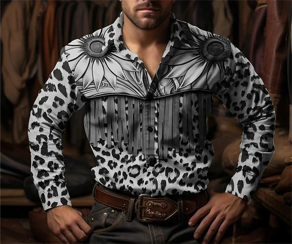 Men\'s hot selling shirt with cow head print Western denim shirt club party social men\'s long sleeved lapel comfortable shirt