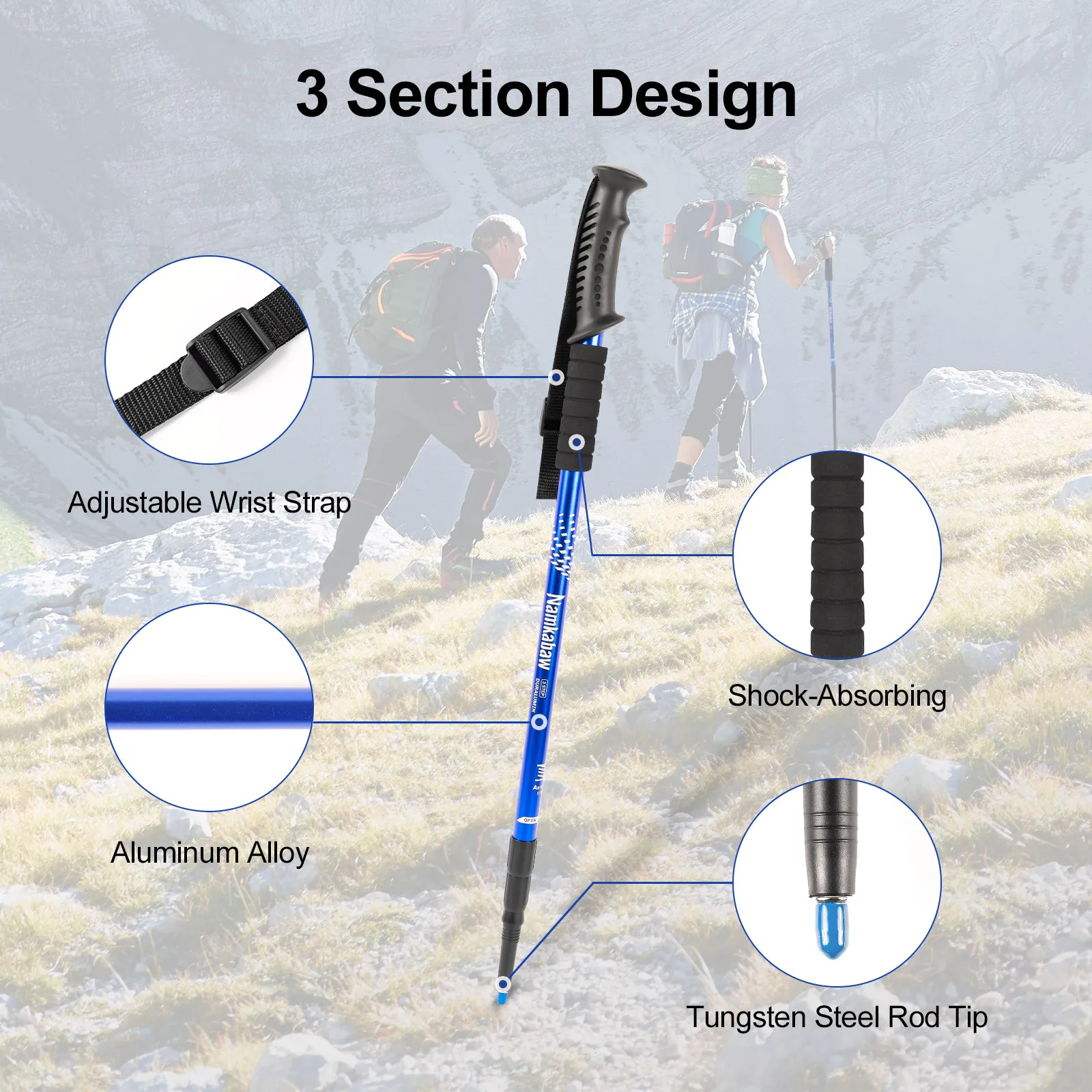 Ultraleichte 3-teilige Trekkingstöcke, verstellbare nordische Wanderstöcke aus Aluminiumlegierung, teleskopisch, rutschfest, für Männer und Frauen beim Wandern – Detail 2