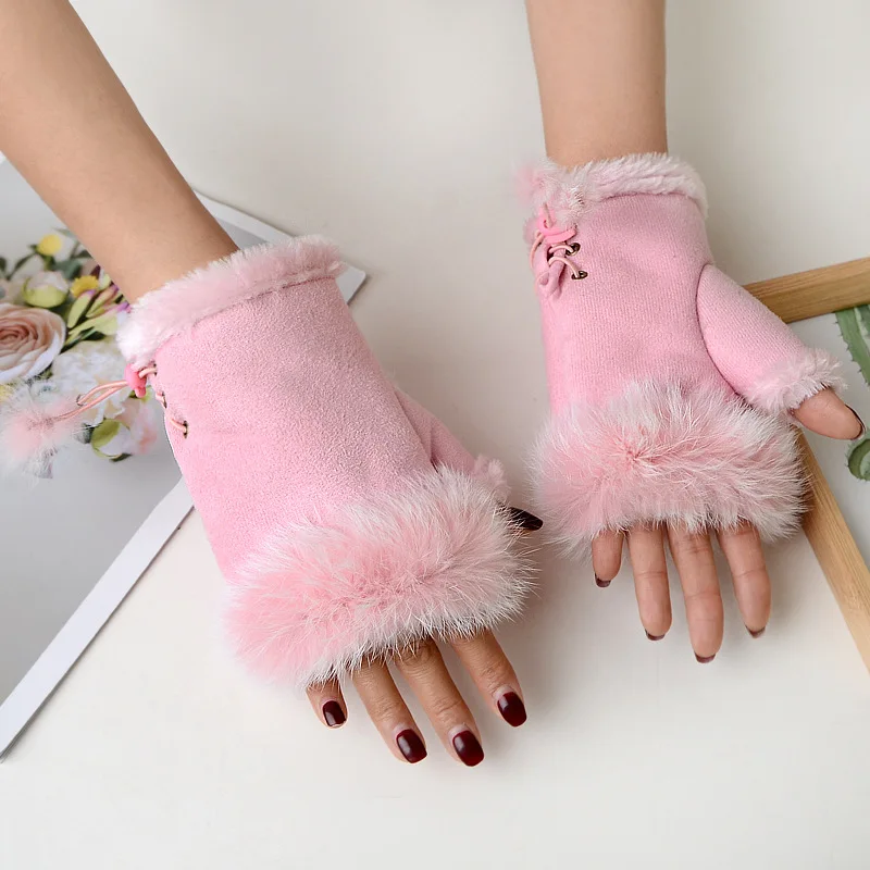 Warm Suede Rabbit Fur Gloves Half-finger Winter Keep Warmth Faux Fur Thicken Gloves Women Fingerless Wrist Elastic Rope Gloves