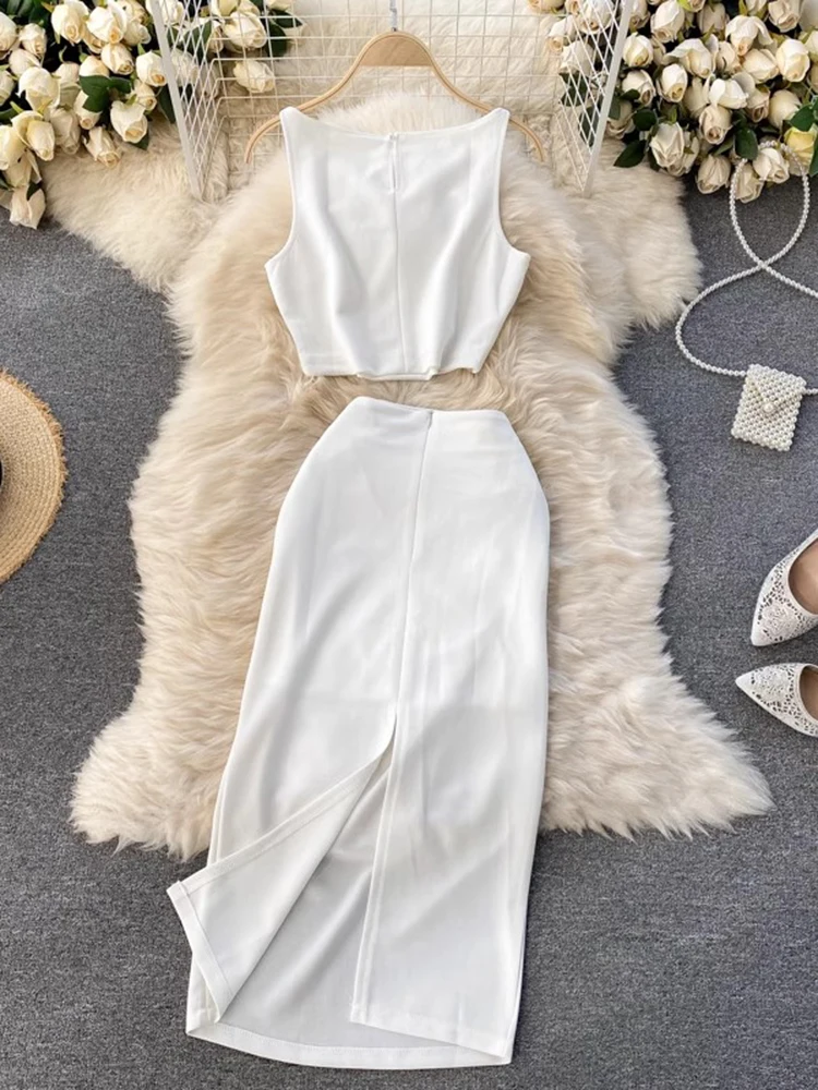 2025 New Summer Elegant Two Piece Set Women Solid Color O-neck Vest Short Tops + High Waist Package Hip Midi Skirt Female Suit