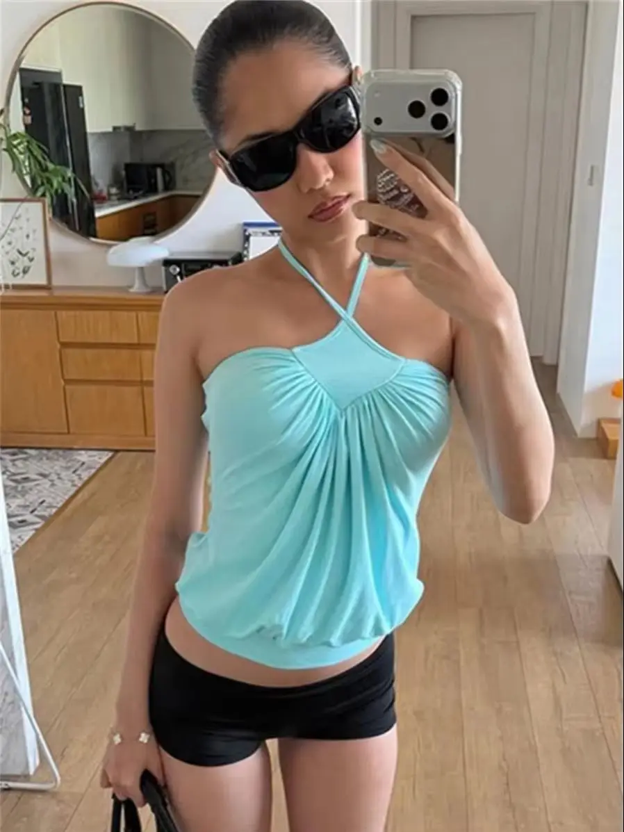 Sisterlinda Modisches Rückenfreies Tanktop für Damen, Sexy Halter-Top mit Bandagen, Gerafftes Patchwork-Design, Einfaches Midnight-Party-Streetwear-Clubtop – Detail 12