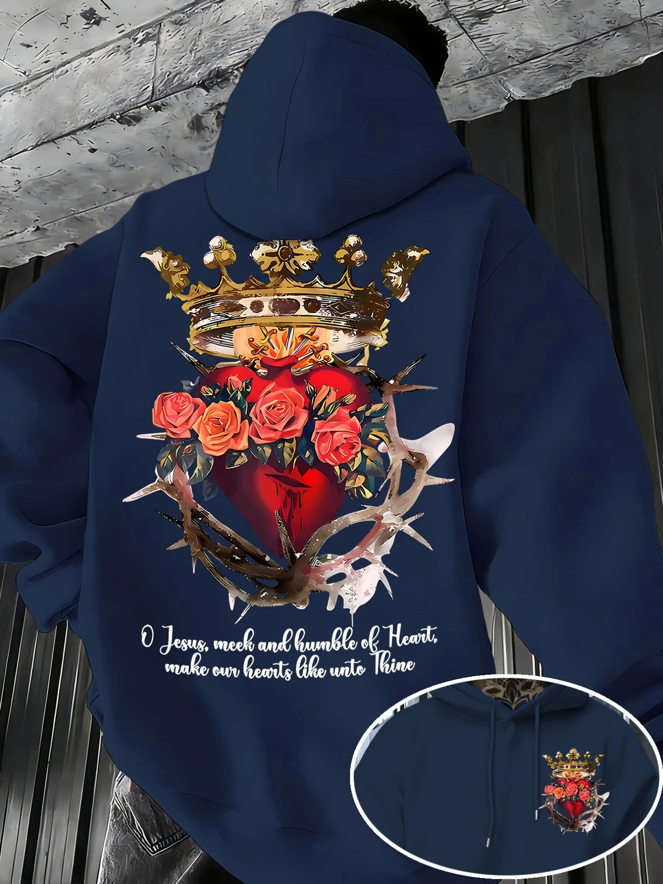 Men's Popular Autumn/winter Floral Crown Print Fleece-lined Hooded Sweatshirt Versatile Sporty Casual Loose Breathable One Piece