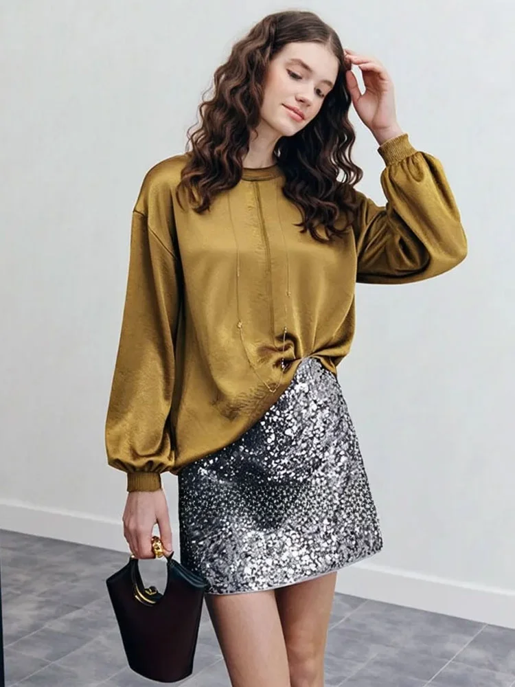 

Юбка А-силуэта ZhuoZhi с пайетками и высокой талией, французский стиль, короткая, для повседневной носки и офиса