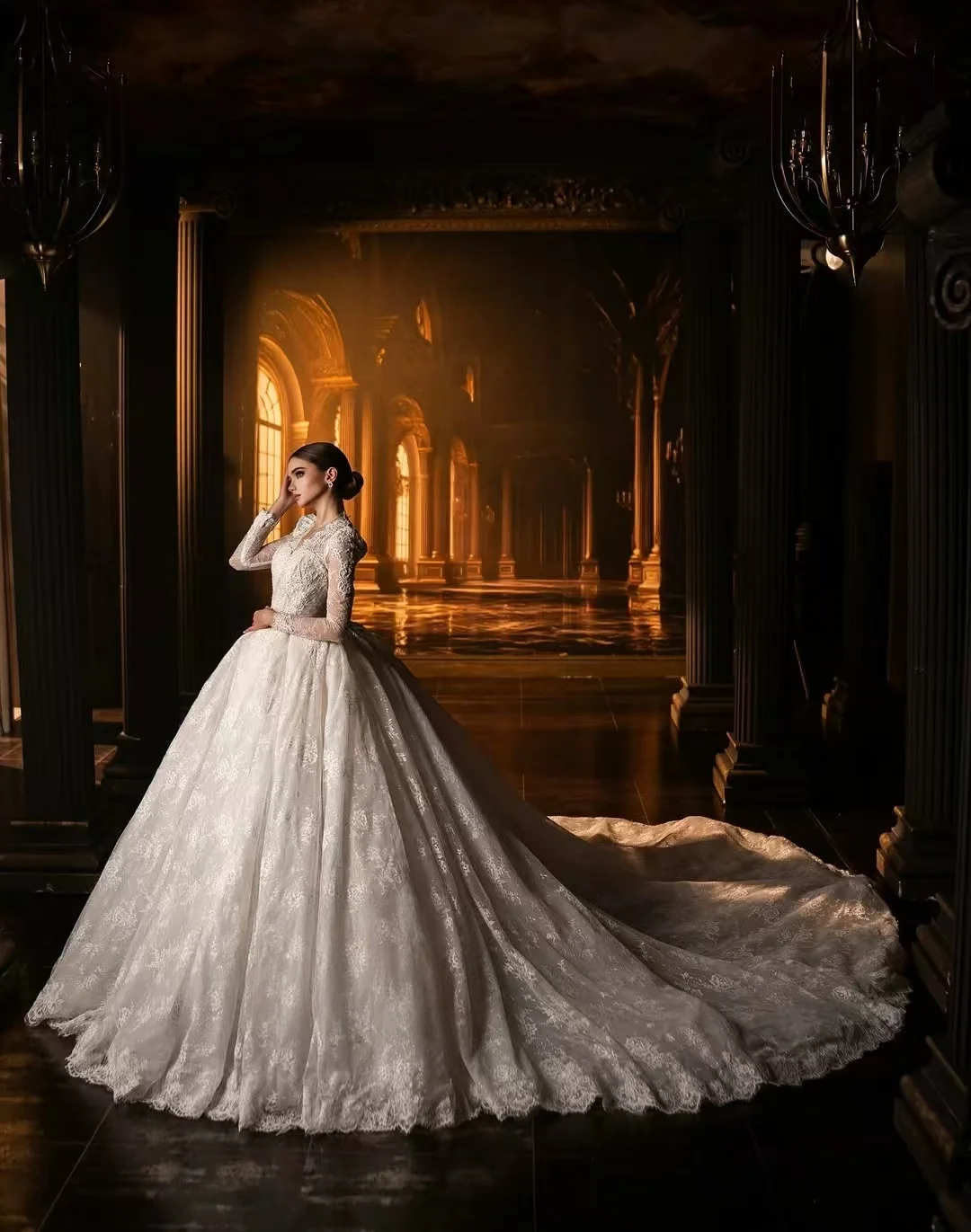 Customized Luxury Long Sleeve Lace Ball Gown Wedding Dress V Neck Applique Bridal Gown Royal Princess Dress Vestido De Novia