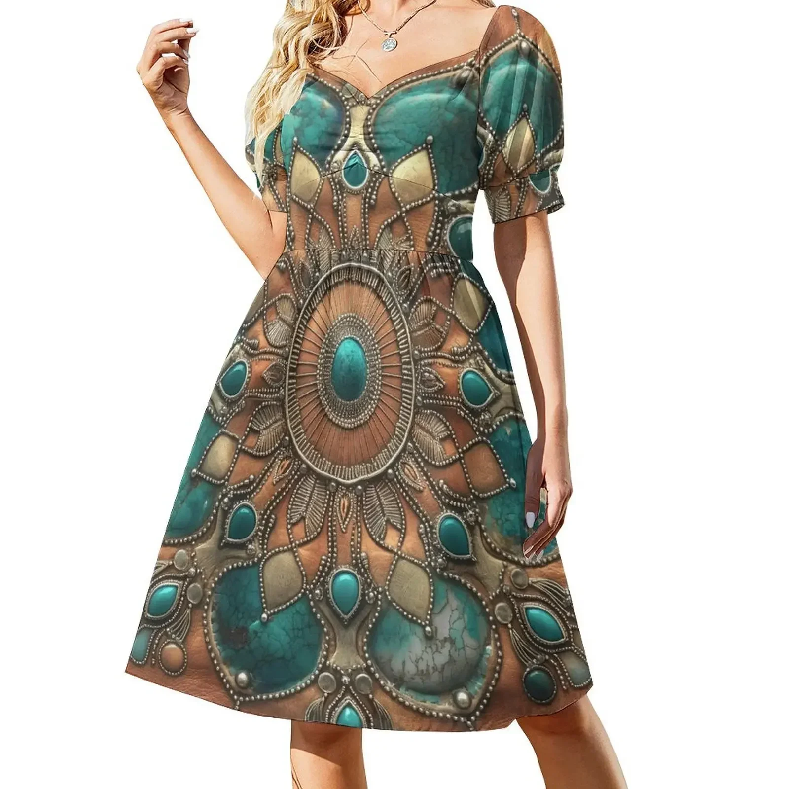 

Orange suede mandala and turquoise jewelry Short-Sleeved Dress Aesthetic clothing purple dress dresses korean style Dress