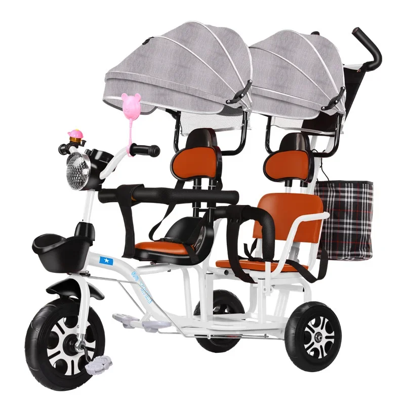 Baby Twin Tricycle Stroller 3 Wheels Double Stroller for Kids Twins Guardrail Seat Baby Toddler Bicycle Car Tricycle Child Pram