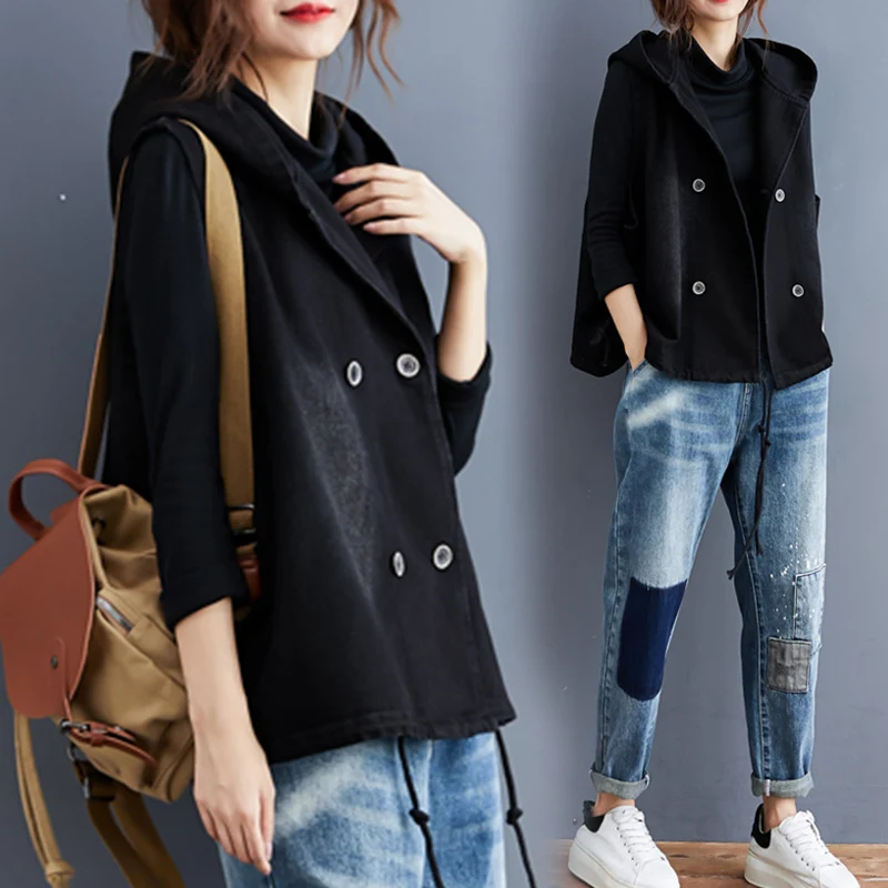 Washed White Denim Short Jacket plus Size Women's Clothing Drawstring Hem Sleeveless Double Buttoned Open Cardigan Vest