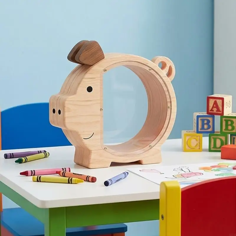 

Clear Acrylic Piggy With Wooden Base For Kids Coin Saving And Home Decoration Educational Financial Toy for Toddler A2UB