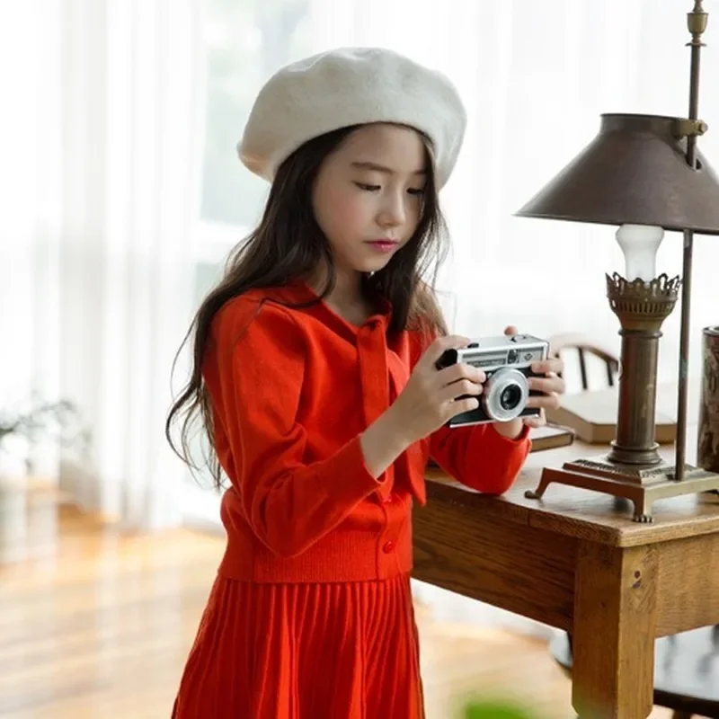 Korean Version of Girls' Fall/winter Big Kids Two-piece Orange Core-spun Yarn Knitted High Elastic Fashion Casual Suit