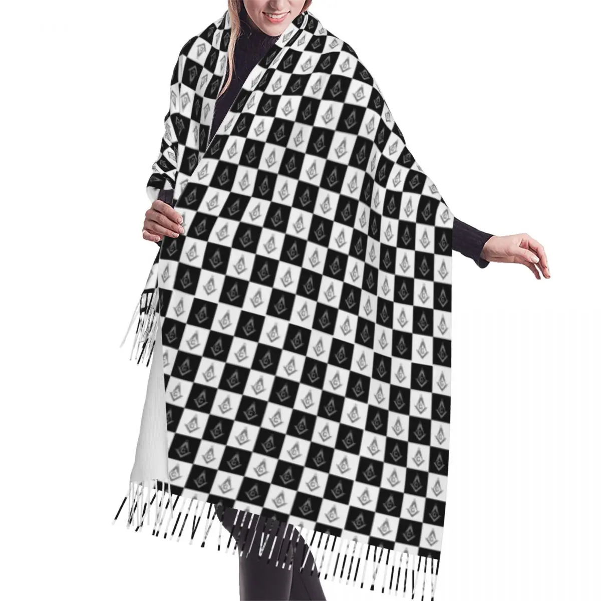 

Freemason Checkered Black And White Pattern Tassel Scarf Soft Masonic Mason Shawl Wrap Female Winter Fashion Versatile Scarves