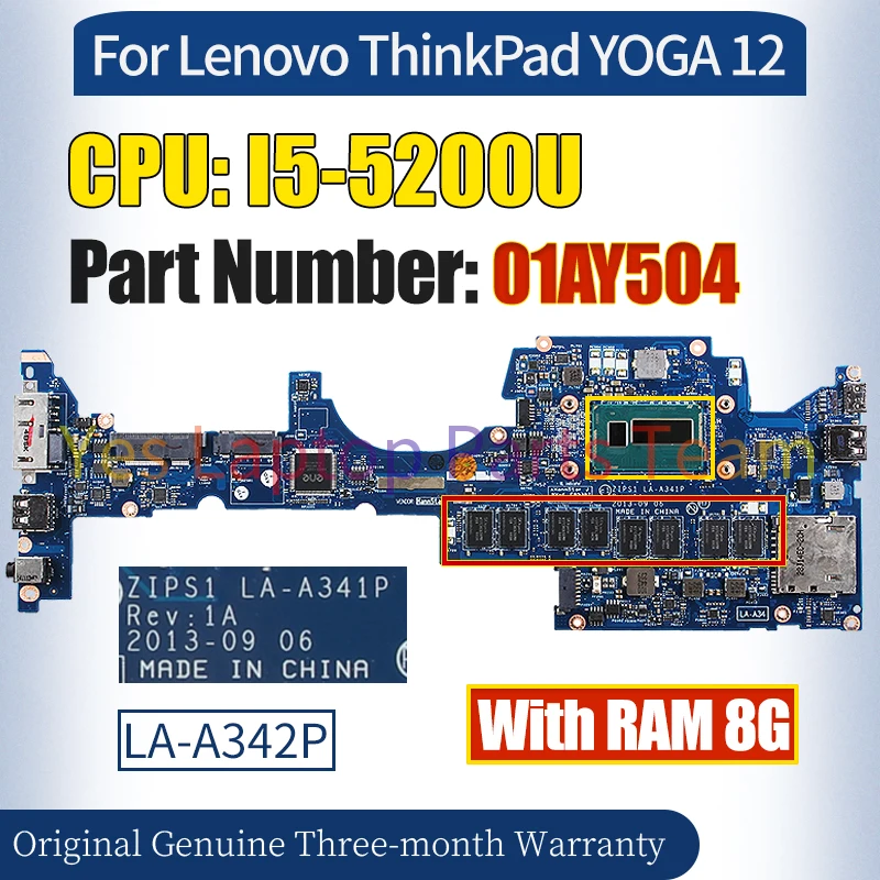 ZIPS0 LA-A342P For Lenovo Thinkpad YOGA S1 12 Laptop Mainboard 01AY504 I5-5200U RAM 8G Notebook Motherboard 100％ Tested