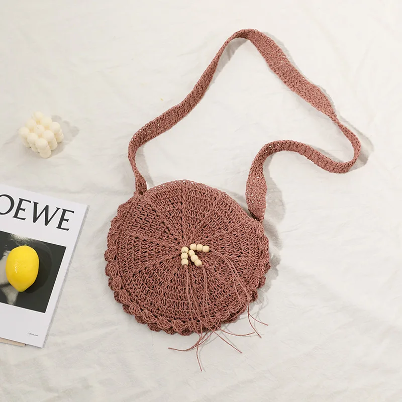 

Women's Round Lace Hand-woven Bag Girl Accessories Straw Woven Bag Literary Mori Wood Beads Messenger Bag Holiday Beach Bag