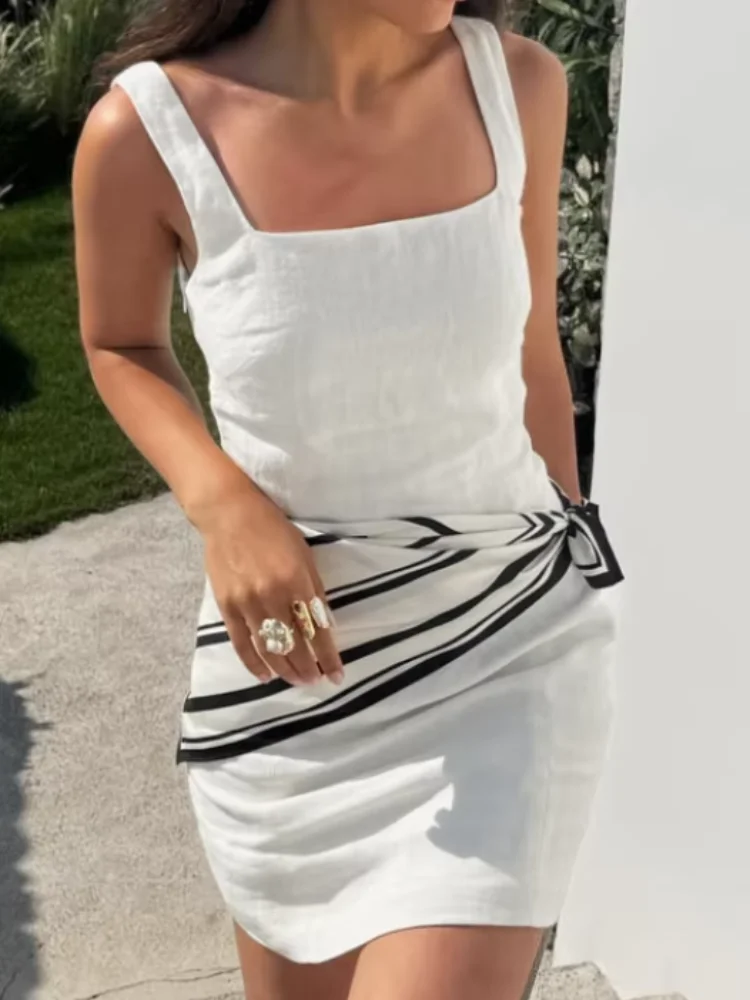 

Solid Linen-cotton Mini Dress Women Square Neck Sleeveless Waist-cinching Elegant Slim Dresses 2026 Summer Lady Vacation Robe