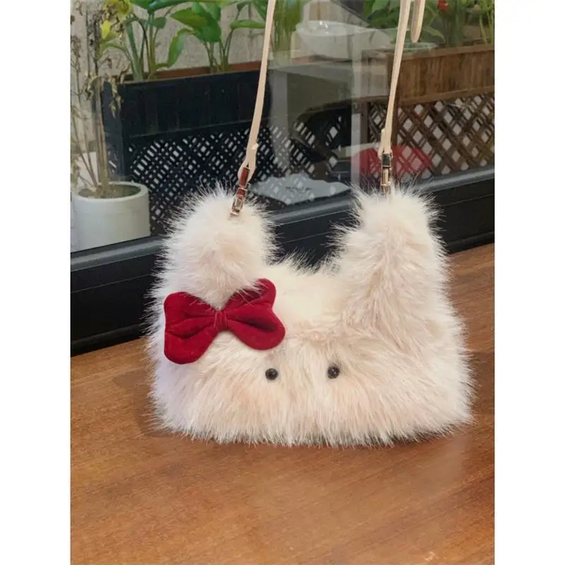 JIAERDI Plush Cute White Y2k Messenger Bag Women New Harajuku Aesthetic Fur Soft Bow Chic Mini Bags Ladies Casual Crossbody Bags