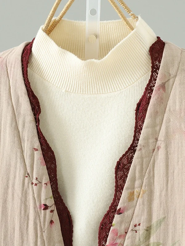 Jaet de algodón con ribete de encaje chino Retro para mujer, prendas de vestir exteriores holgadas de talla grande y cálidas, longitud Regular larga Sve V-Ne