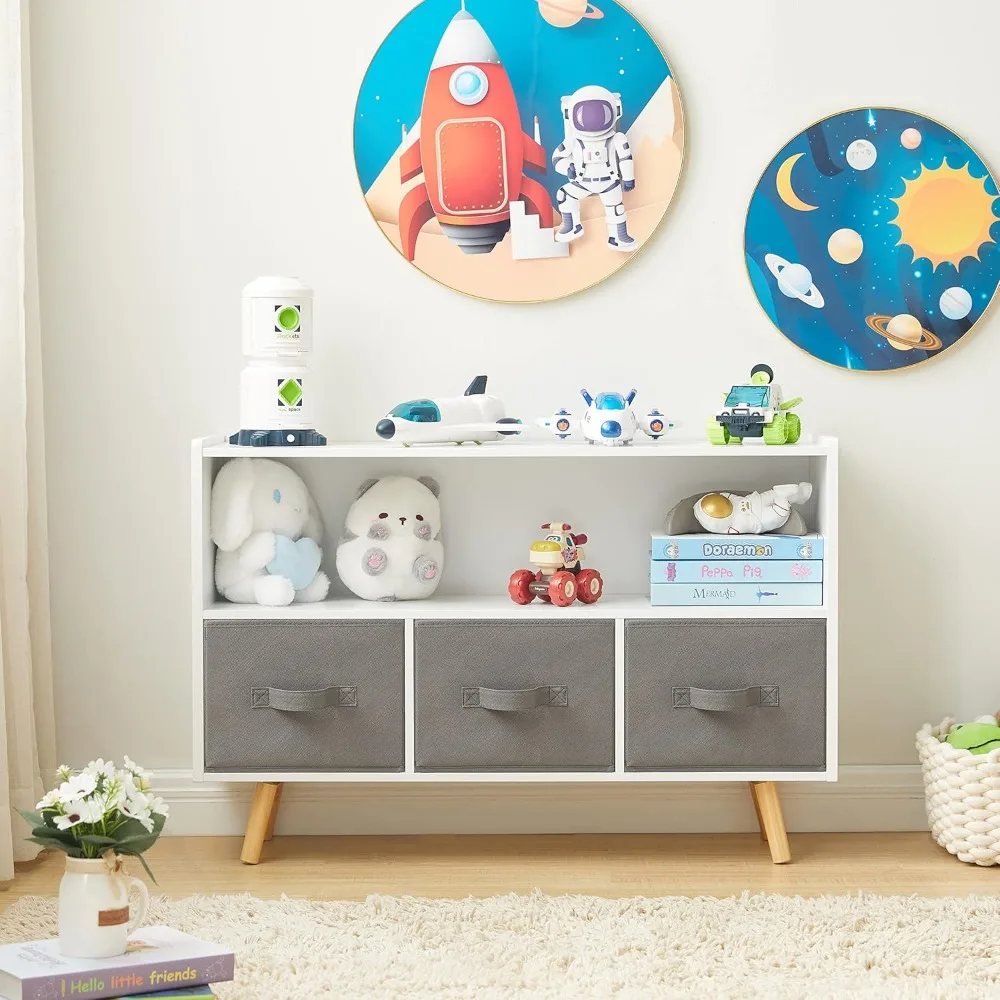 Organizer per riporre i giocattoli, libreria per bambini con cassetti pieghevoli in tessuto e gambe in pino, perfetto per organizzare giocattoli e libri