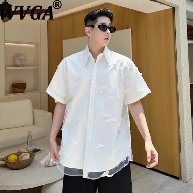 

WVGA New Men's Summer High Street Two-Piece Mesh Trendy Design Short Sleeve Shirt Niche Chic Casual Turn-Down Collar Tops W23580
