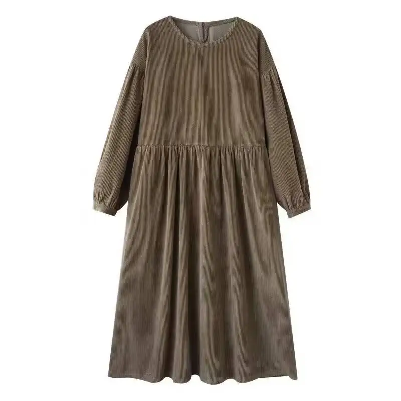 2024 neue Ankunft Herbst Winter Frauen Casual Lose Puff Hülse O-ansatz Gerade Kleid Baumwolle Cord Ankle-länge Kleider Y36