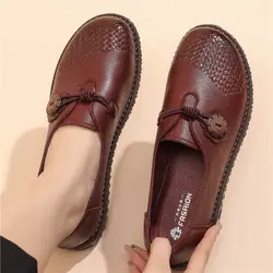 Women's Flats Shoes Vintage Leather Moccasins Women Spring Braided Flats Big Size 41 Grandma Mom Cozy Loafers Soft Sole Shoes