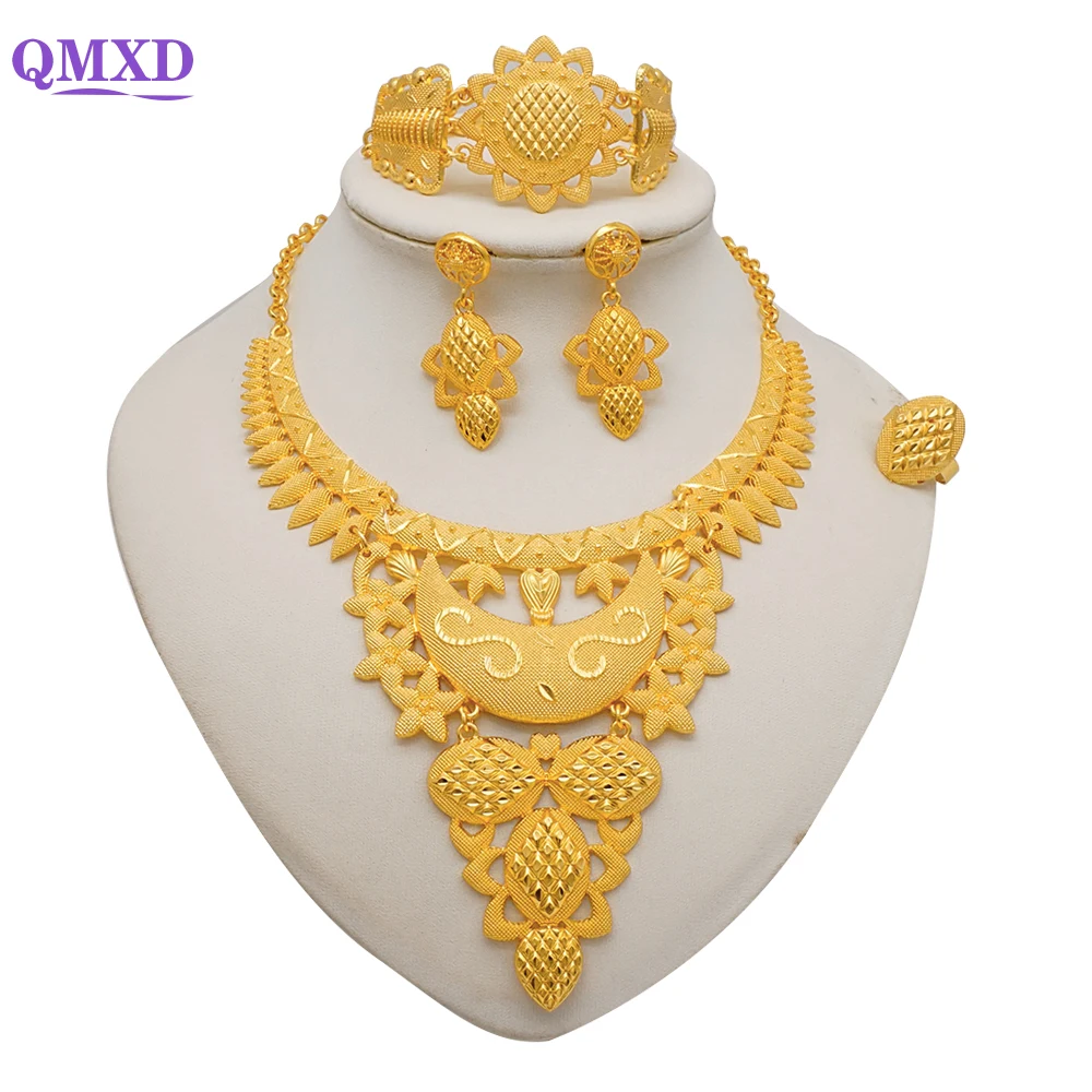 Dubai Gold Color Jewelry Sets For Women Indian Earring & Necklace Nigeria Moroccan Bridal Wedding Party Gifts