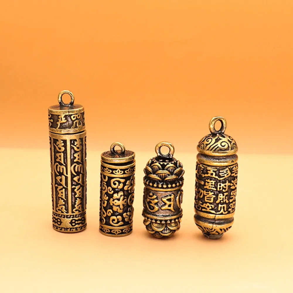 Hollow Brass Buddha Bottle Sutra Cylinder Pendant Keychain Necklace Jewelry Handmade Vintage Pill Box Container Bottle Keychains