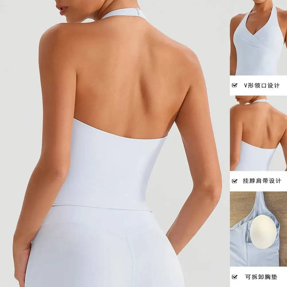 Top damski bez pleców z dekoltem w serek, wiązany na szyi, do jogi, z wkładkami push-up, bezszwowy, wyszczuplający, bez pleców, kamizelka do noszenia na zewnątrz.