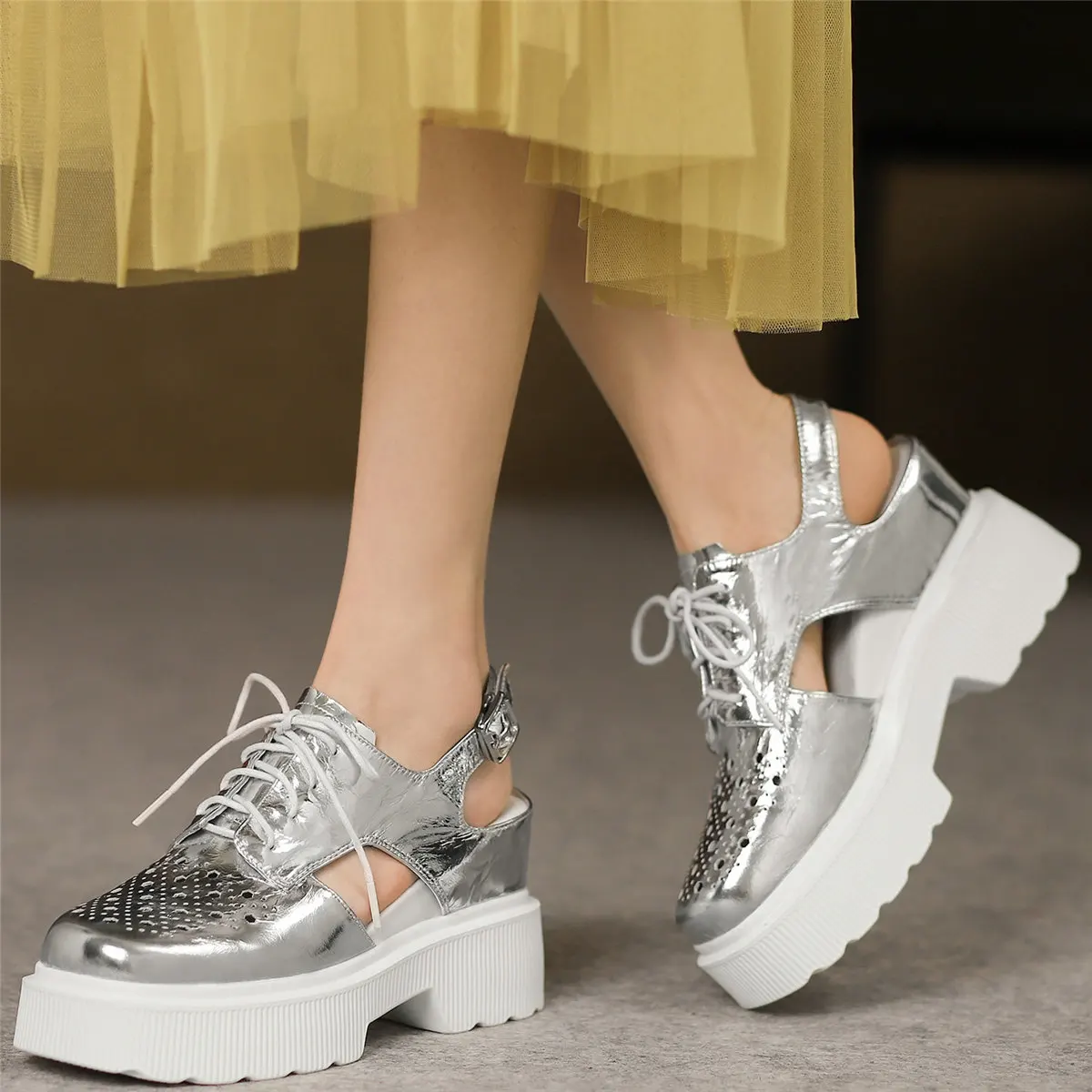 

Summer Lace Up Platform Pumps Women Genuine Leather High Heel Gladiator Sandals Female Square Toe Motorcycle Boots Casual Shoes