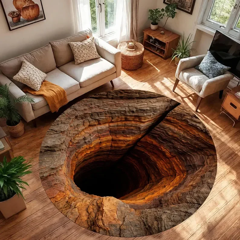 Alfombra redonda Abyss Canyon ilusión óptica textura de roca suelo 3D sala de estar dormitorio decoración del hogar sala de estar moderna