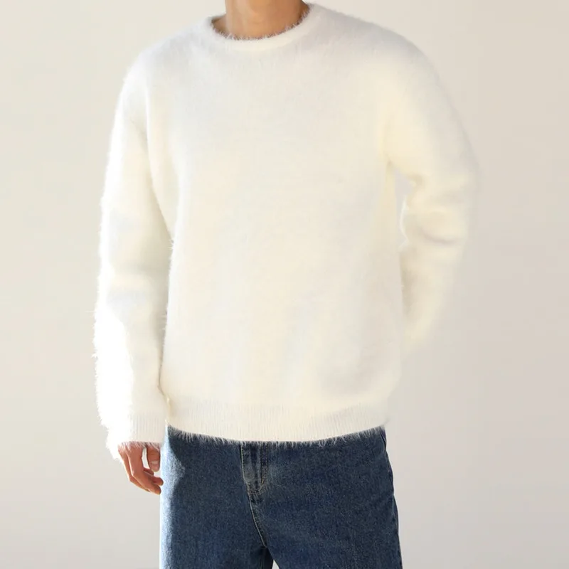 

SYUHGFA 2024 Autumn Winter Round Collar Mohair Sweater Loose Korean Style Vintage Kintted Sweater Pullover Men Clothing