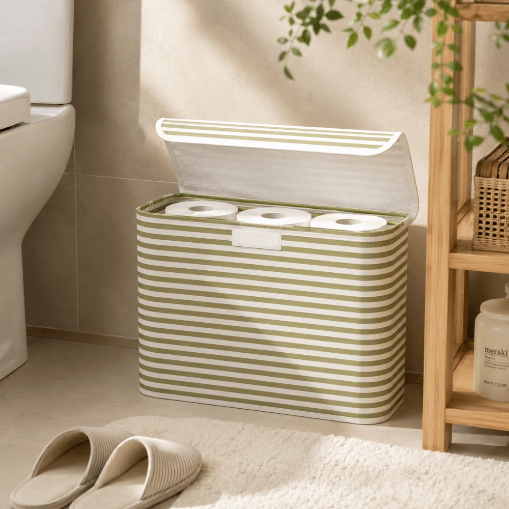 Container Foldable Toilet Paper Holder With Lid Space-Saving Bathroom Tissue Box Stripe Printed Storage Basket Living Room view 3