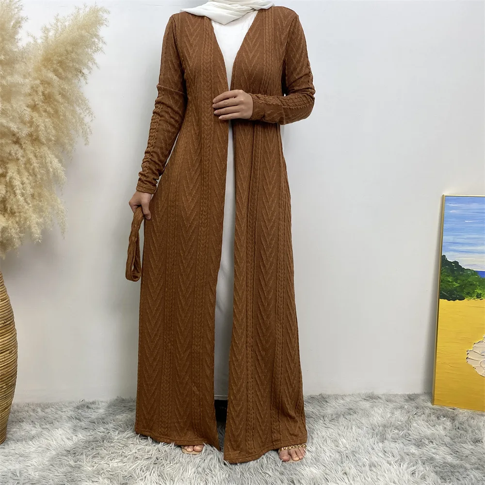 Autumn and Winter Knitted Muslim Cardigan with Pockets Long Elegant Maxi Dresses Muslim Abaya