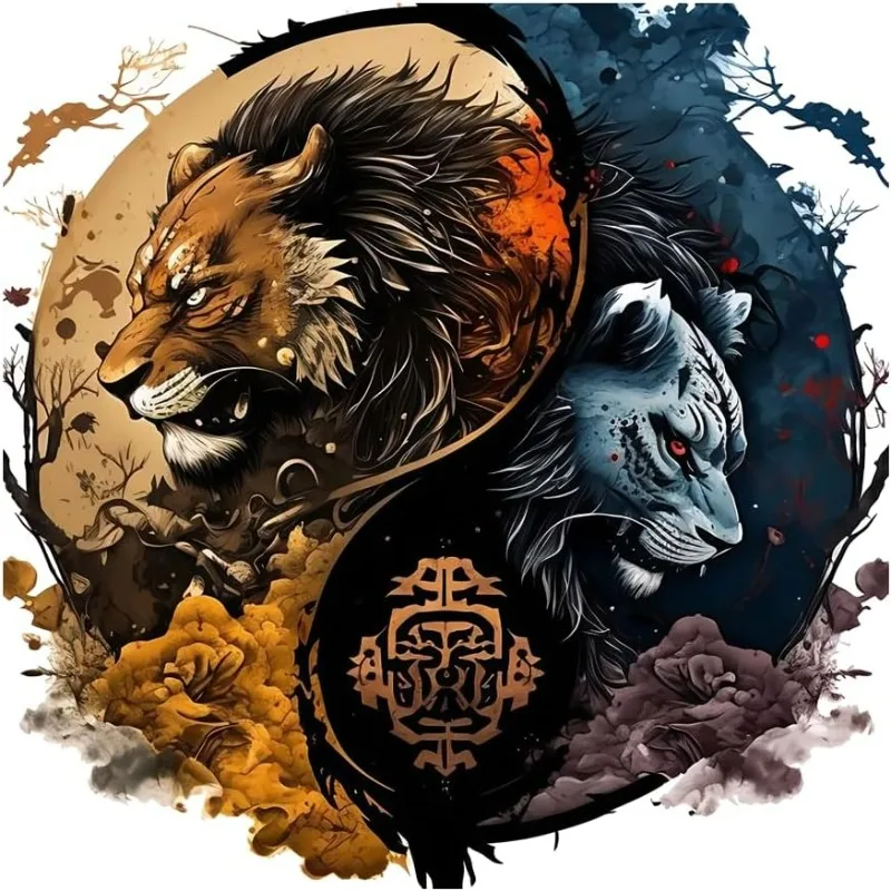1Pc 2D Flat Yin‑Yang Lion Tiger Vinyl Sticker, Waterproof Decal For Mug, Laptop, Desk, Bookshelf, Fridge Decor, Holiday Gift
