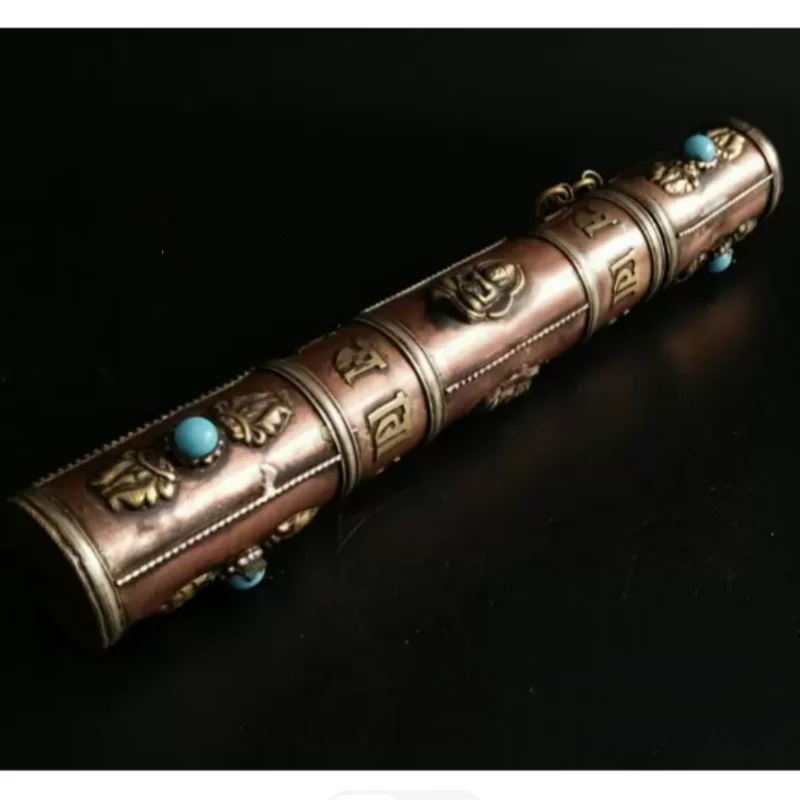 Antique Bronze Incense Tube - Gemstone Inlaid Buddha Relief, Exquisite Buddhist Collection Craft Feature Buddhist Supplies