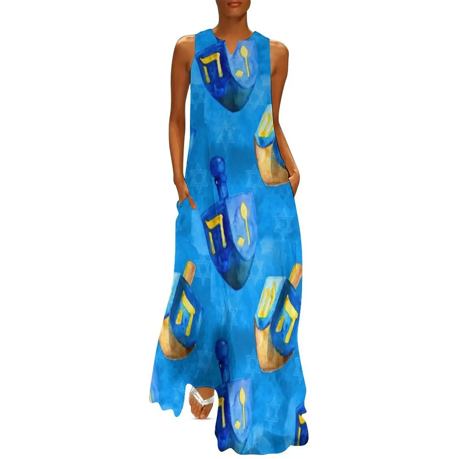 

Hanukkah Dreidels Holiday Pattern in Blue and Gold Long Dress Woman clothes summer dresses womens 2025 Dress