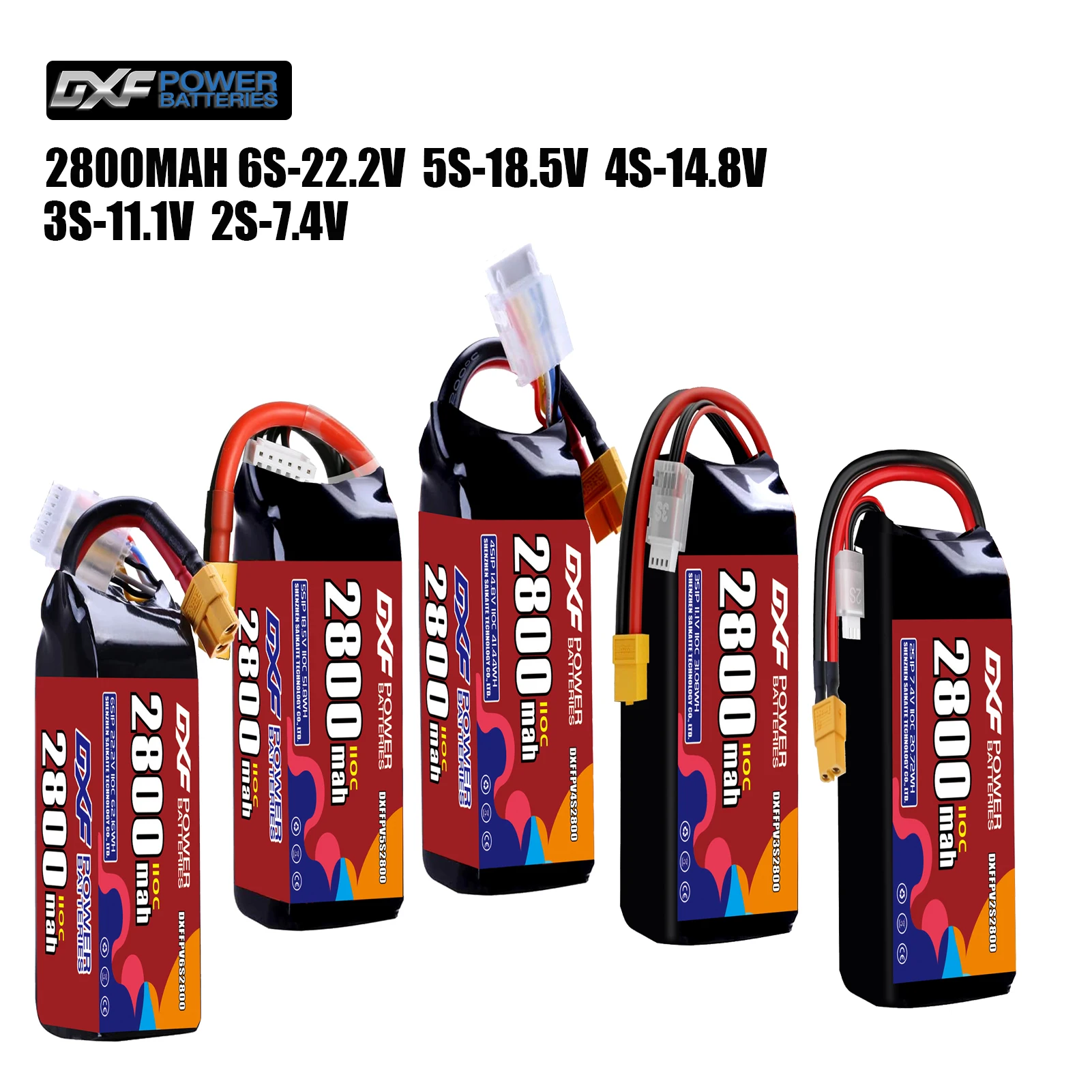 

DXF Lipo Battery 2800mAh 110C 22.2V-6S 18.5V-5S 14.8V-4S 11.1V-3S 7.4V-2S XT30 XT60 JST Plug for FPV Helicopter Quadcopter Drone