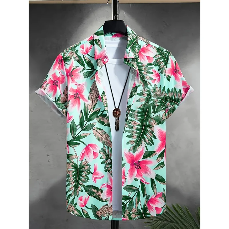 

Men's Tropical Floral Pattern Printed Turn-down Collar Shirt，Short-sleeve and button-down shirt，Cool and stylish top，Suitable fo