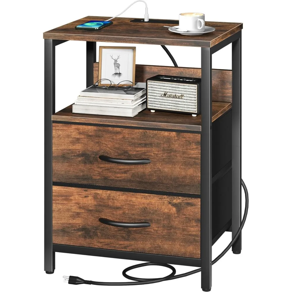 Nightstand with Charging Station Small Night Stand with Fabric Drawers and Storage Shelf for Bedrooms