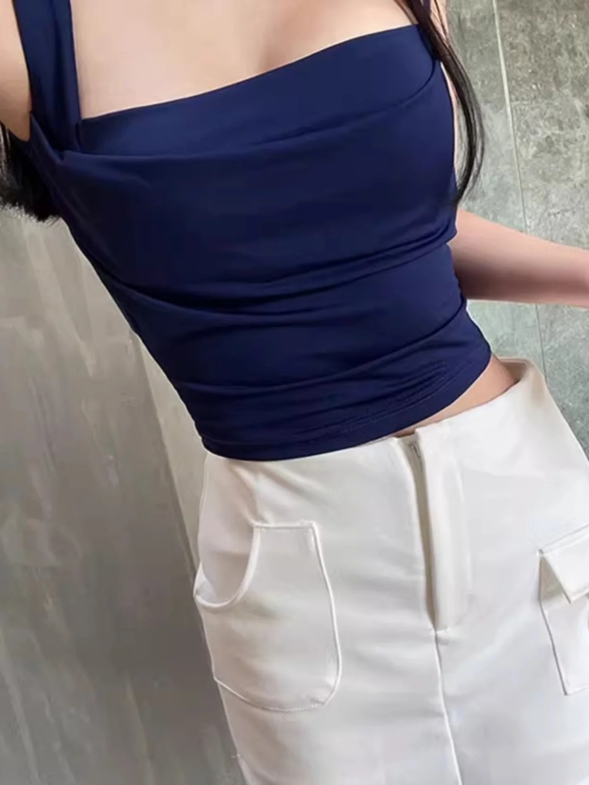 블루 숏 슬리브리스 아이스 실크 캐미솔 탱크탑 여성 이너웨어 여름 아우터웨어 슬리밍 언더암 팻 아메리칸 핫 걸 탑