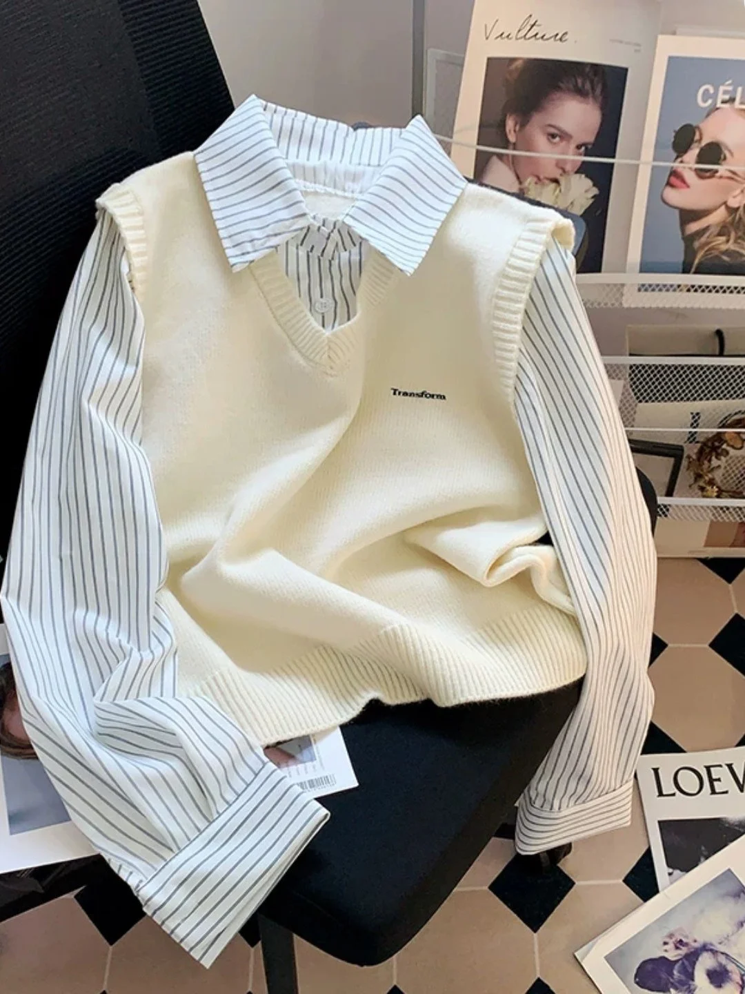 Stunning Ladies' Denim Patchwork  Neck Sweater Fashionable Spring Autumn New Style Beautiful Two-Piece Look Polyester Blend